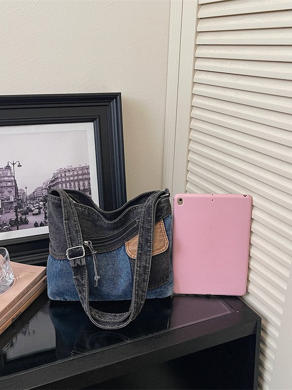 Women's Retro Trendy Washed Denim Fashion Stitching Women's Shoulder Bag