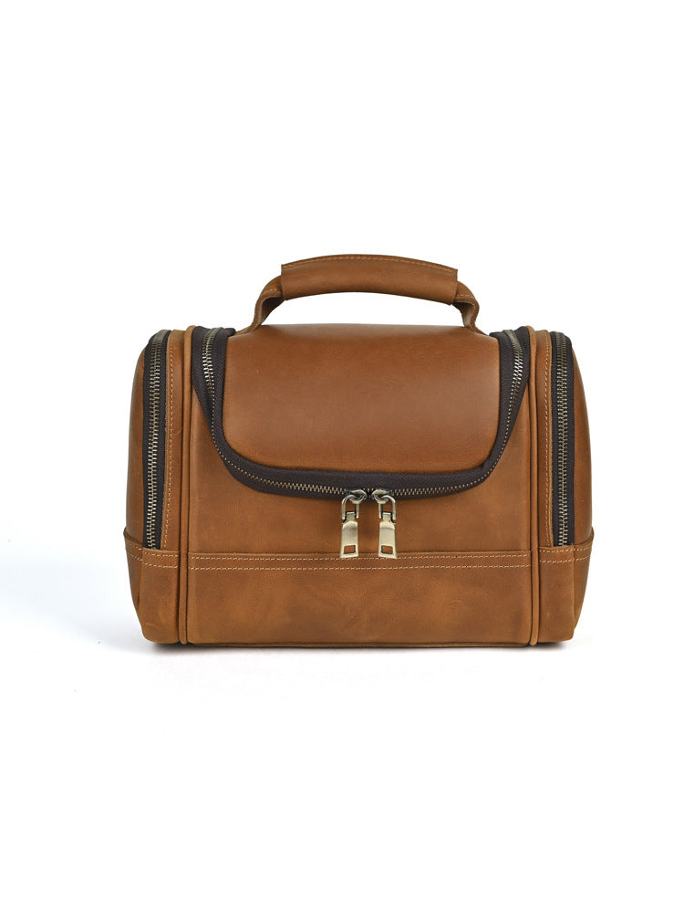 Than Crazy Horse Leather Zipper Portable Toiletry Large Capacity Trendy Bags