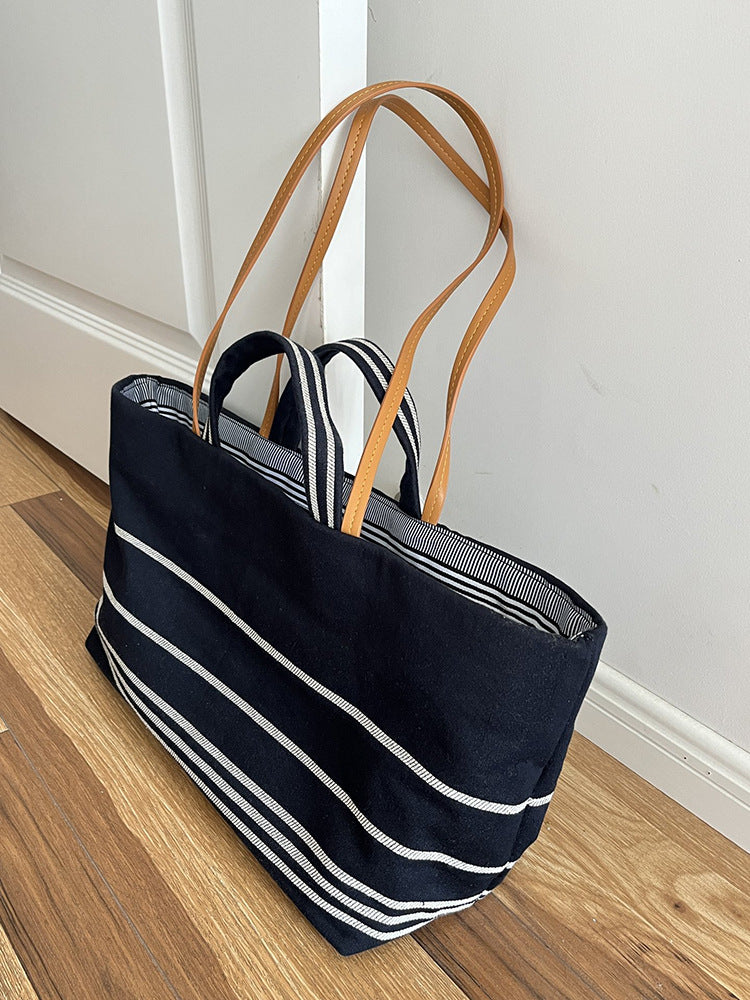 Women's Large Capacity Totes Canvas Striped Dark Blue Portable Travel Bags
