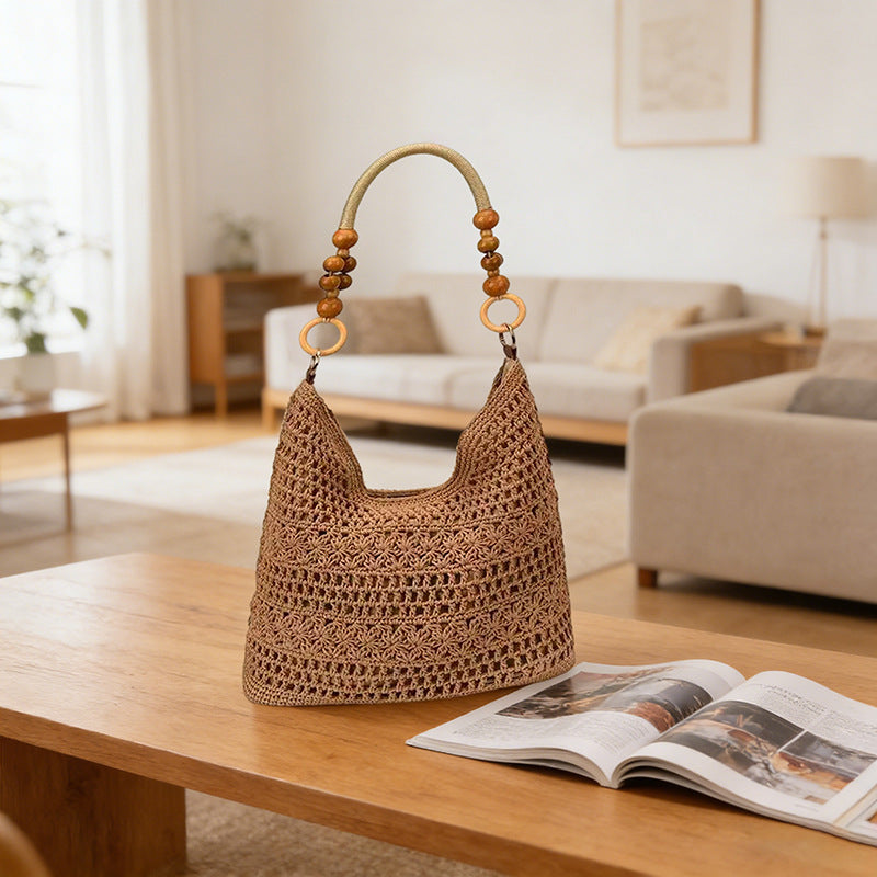 Hollow Crochet Woven Wooden Bead Portable Vacation Women's Messenger Bag