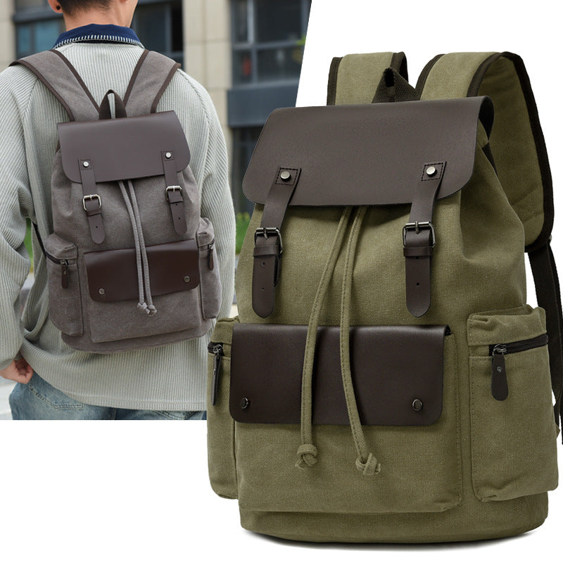 Men's Canvas Computer Personalized Fashion Drawstring Flip Leisure Backpack