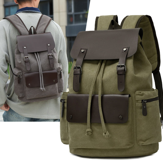 Men's Canvas Computer Personalized Fashion Drawstring Flip Leisure Backpack