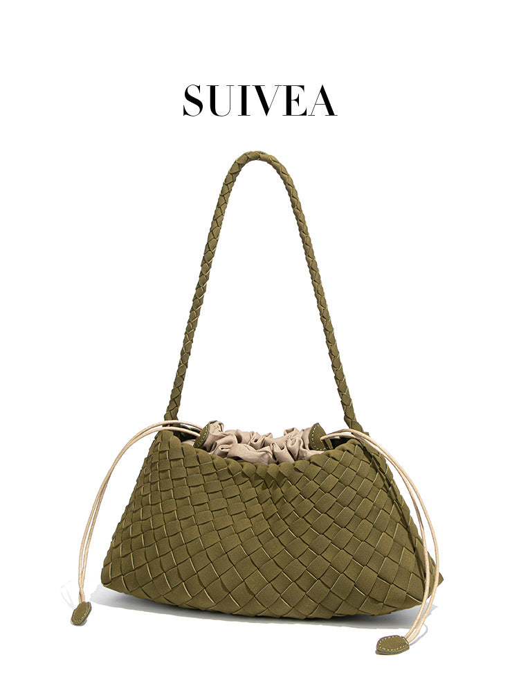 Women's Fashion Retro Vegetable Basket Mother Underarm Texture Suede Woven Bucket Bags