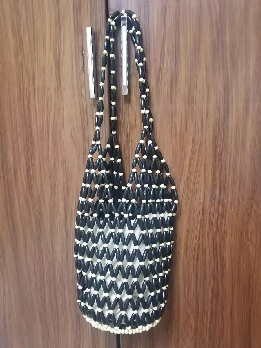 Women's Niche Design Hollow With Wooden Beads Decoration Women's Shoulder Bag