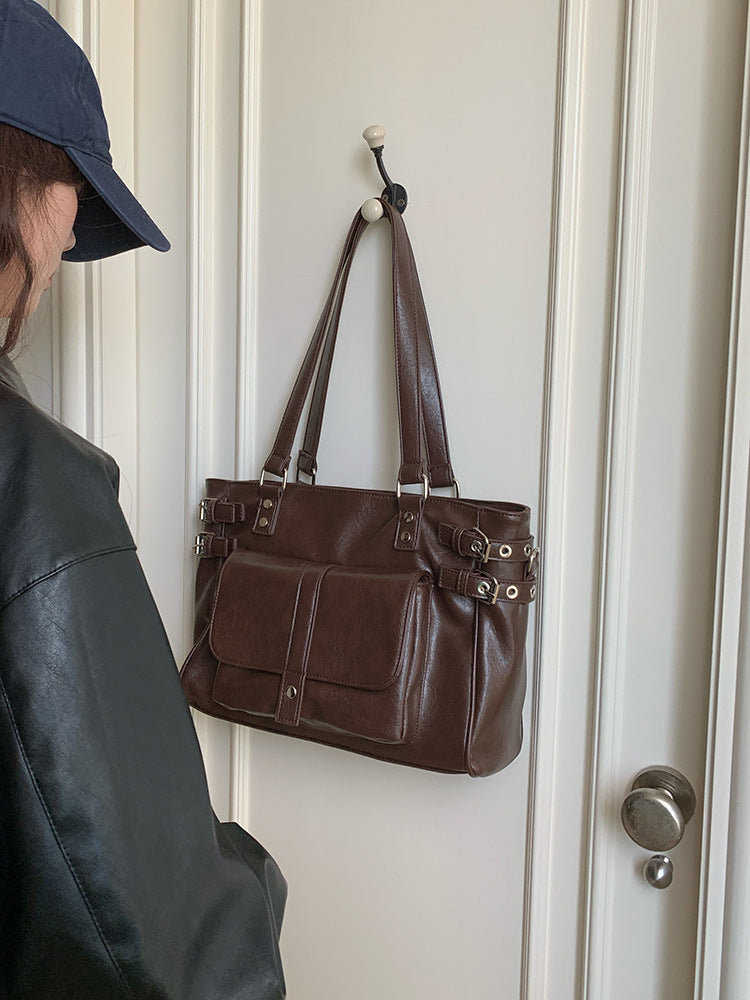 Retro Coffee Color Versatile Large Capacity Commuter Korean Preppy Women's Shoulder Bag
