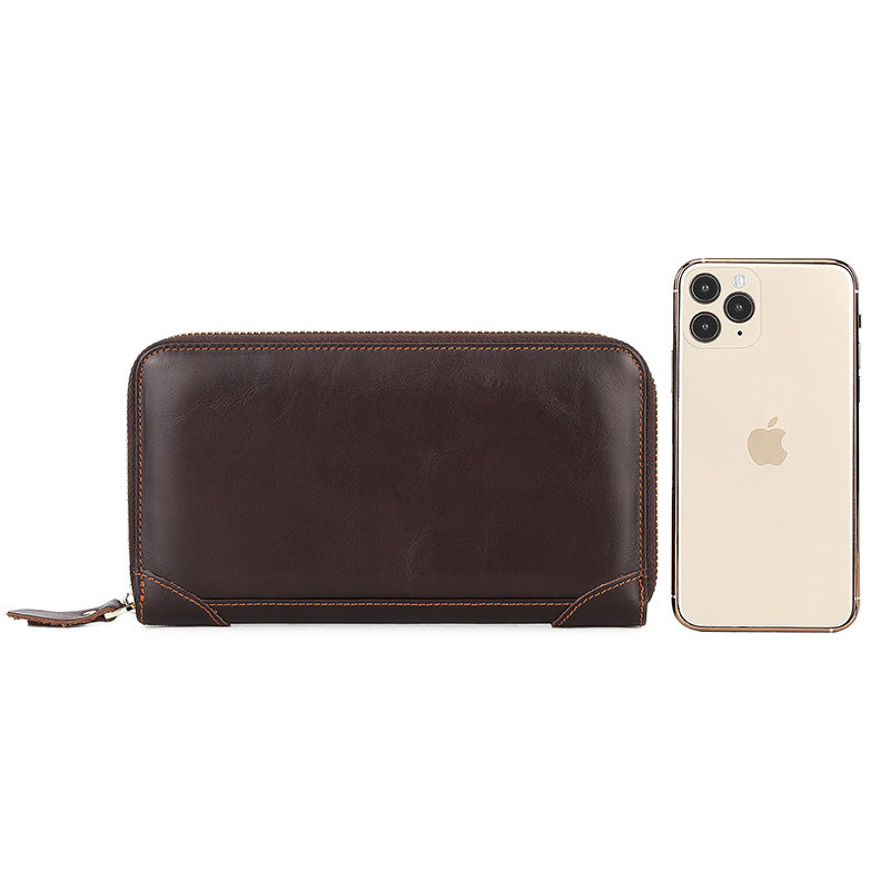 First Layer Long Cowhide Zipper Single Leather Fashion Men's Clutch
