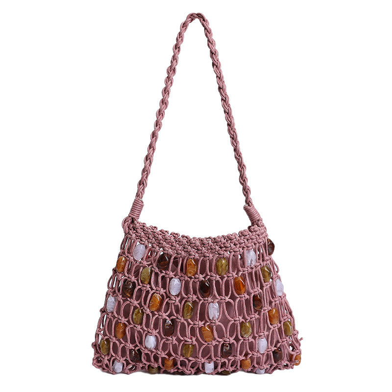 Handmade Wax Rope Woven Portable Beaded Women's Shoulder Bag