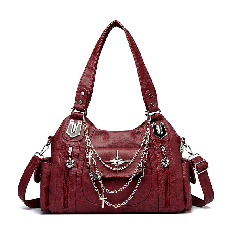 Women's Retro Distressed Chain Motorcycle Personalized Fashion Hot Large Capacity Tote Bags