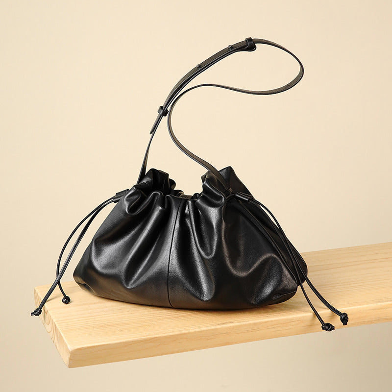 Women's First Layer Cowhide Pleated Cloud Underarm Genuine Women's Leather Bag