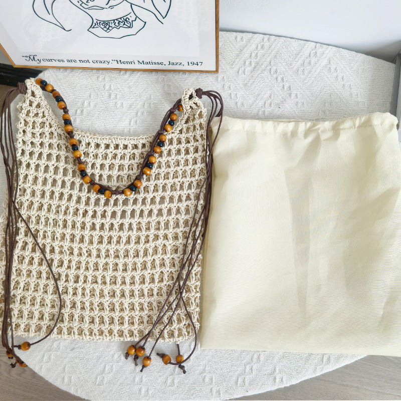 Design Net Weaving Hollow Wooden Bead Vacation Bags