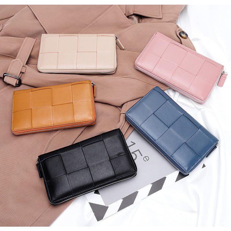Sheepskin Large Woven Long Fashion Genuine Leather Zipper Capacity Bags