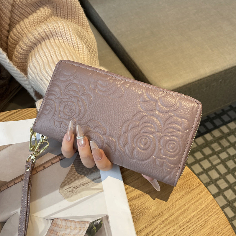 Women's Real Leather Long Single Zipper Fashion Camellia First Layer Ladies Wallet
