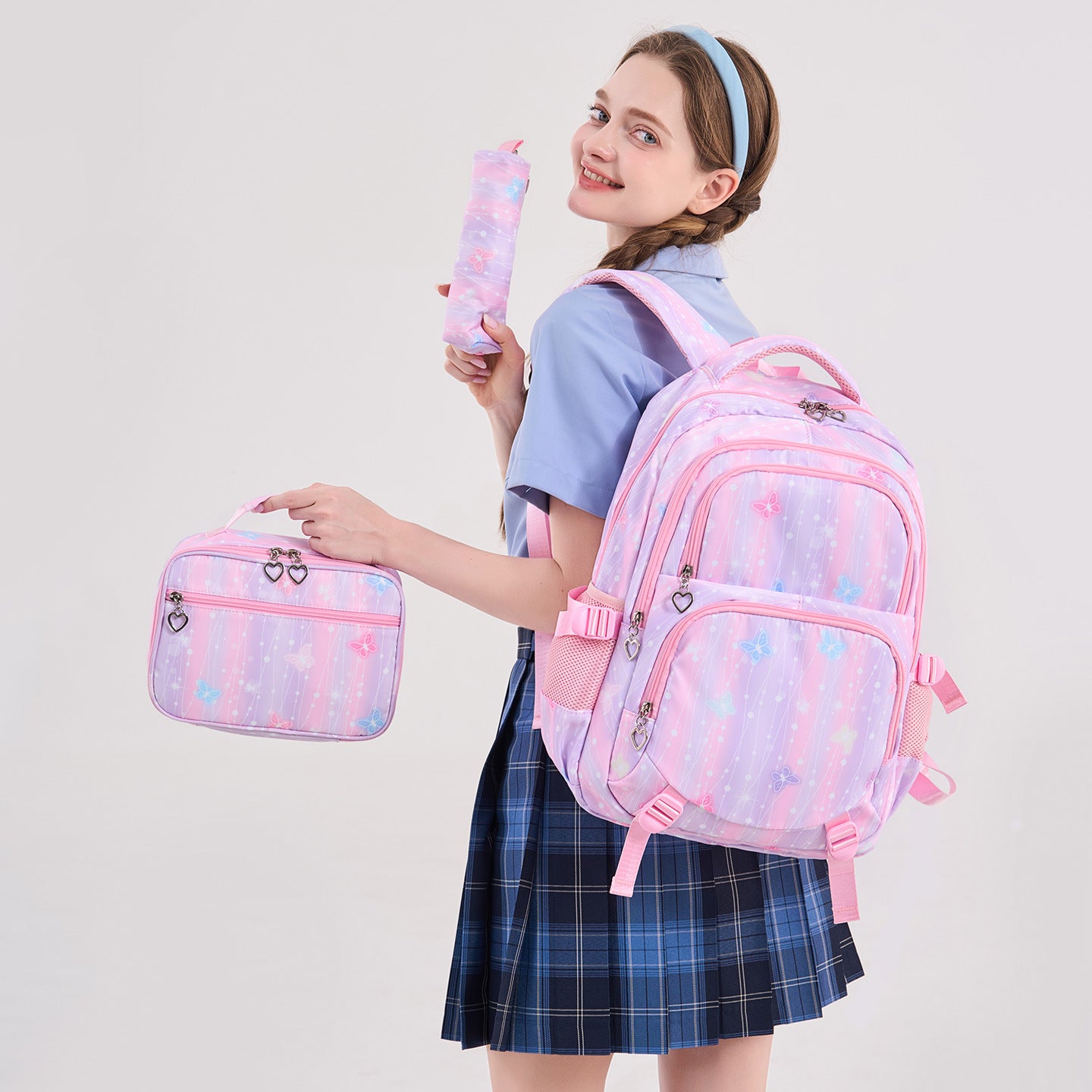 Large Capacity Burden Reduction Spine Protection Campus Butterfly Printed Three-piece Primary School Bag