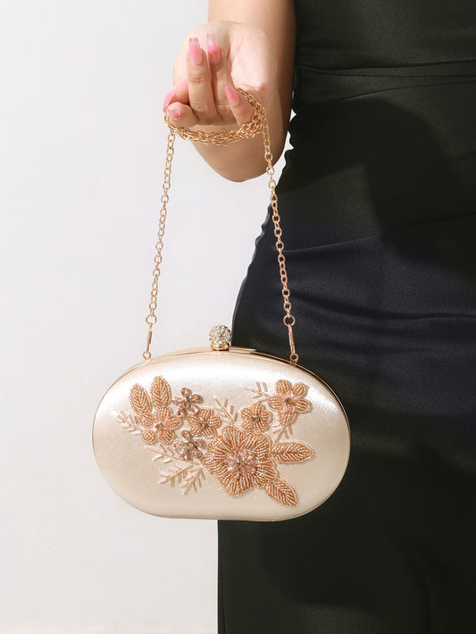 Style Pearl Embroidery Beaded Flower Cheongsam Clutch Satin Bridal Dinner Bag
