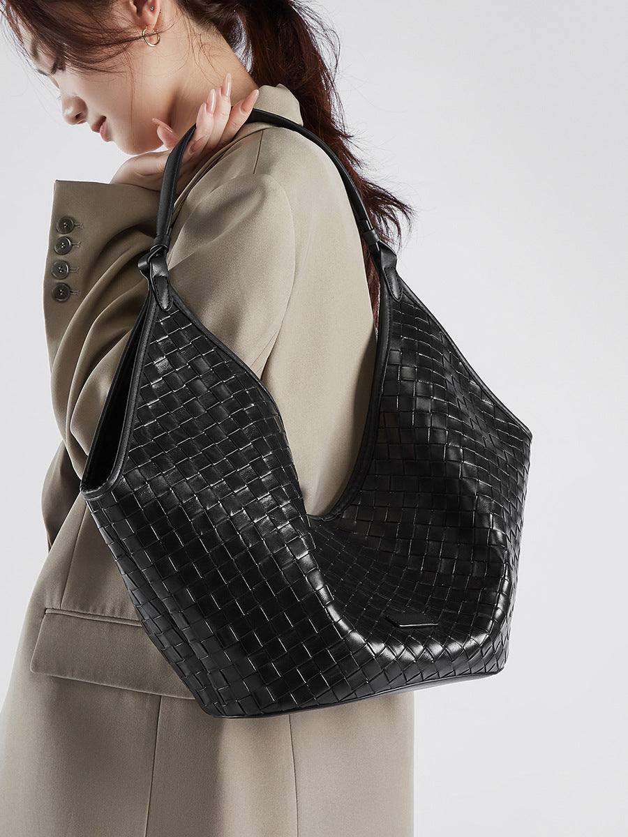 Genuine Leather Large Capacity Female Fashionable Stylish Cowhide Woven Pattern Women's Shoulder Bag