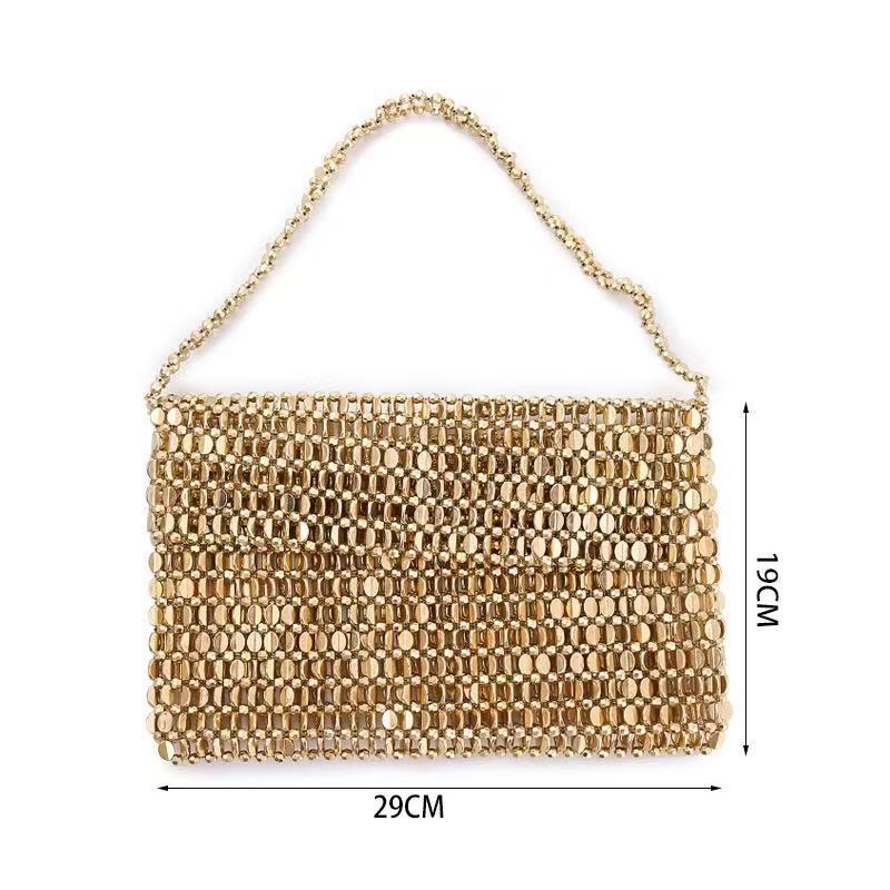 Vintage Shiny Metal Handmade Beaded Bracelet Pearl Flip Large Capacity Women's Handbag