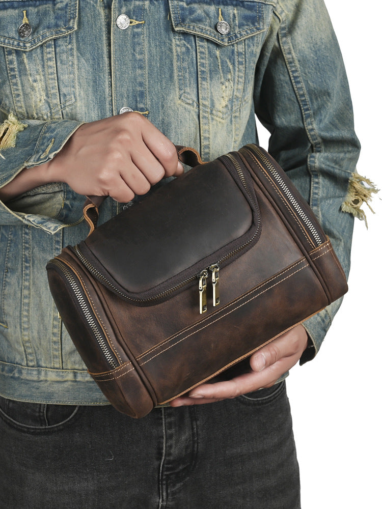 Than Crazy Horse Leather Zipper Portable Toiletry Large Capacity Trendy Bags