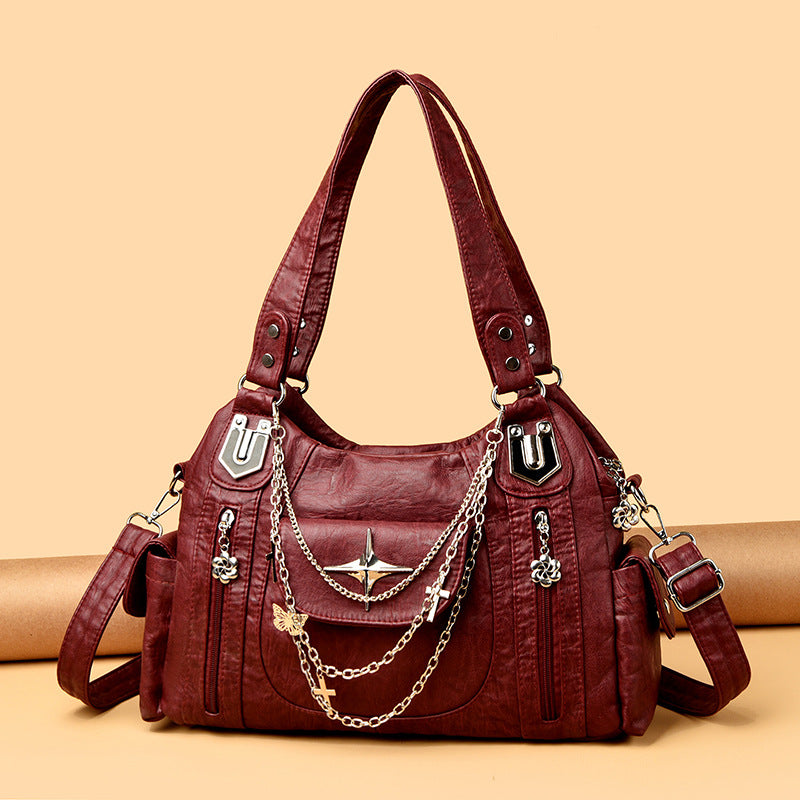 Women's Retro Distressed Chain Motorcycle Personalized Fashion Hot Large Capacity Tote Bags