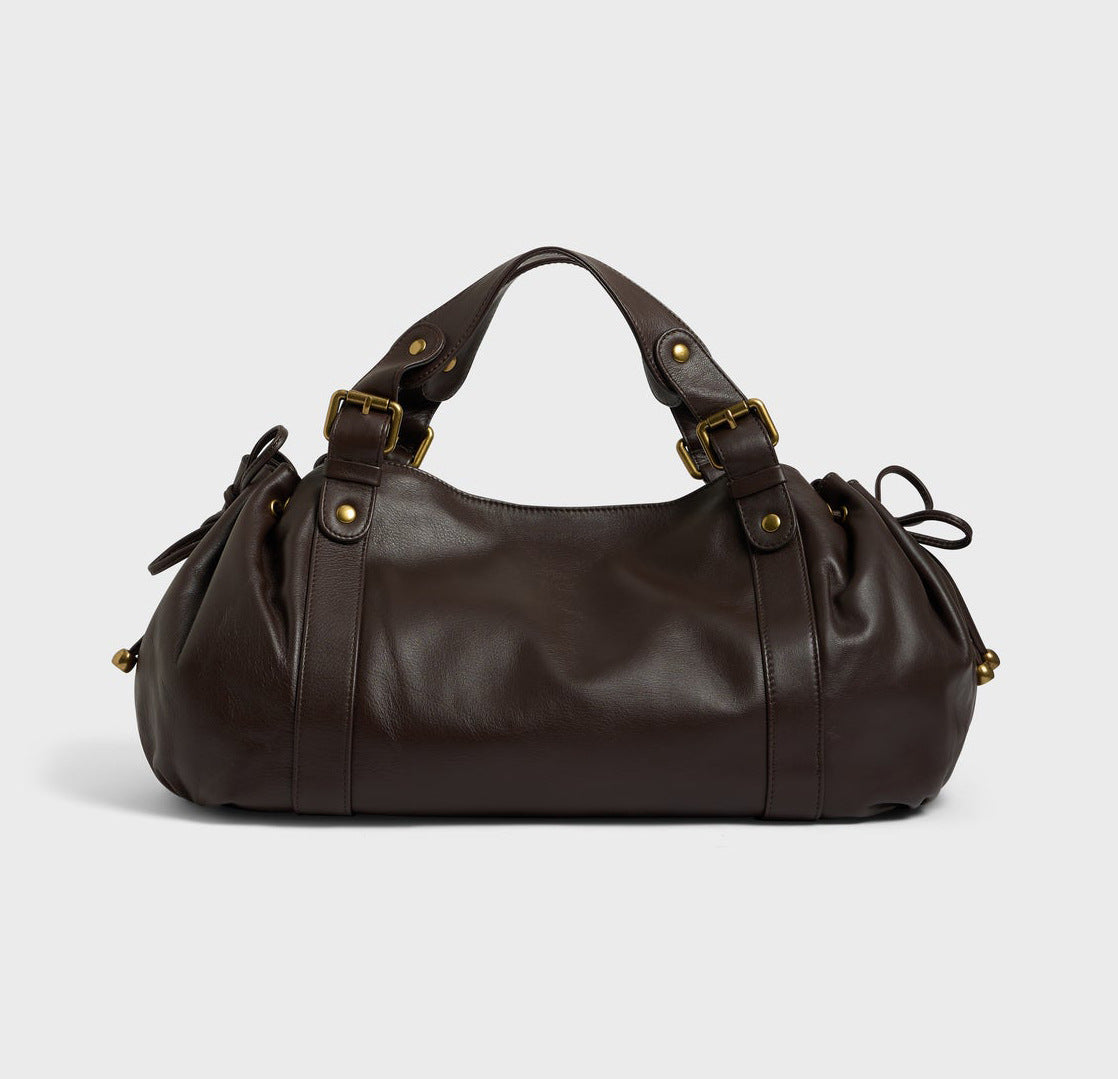 Retro Black Large Capacity Soft Leather Commuter Pleated Drawstring Women's Handbag