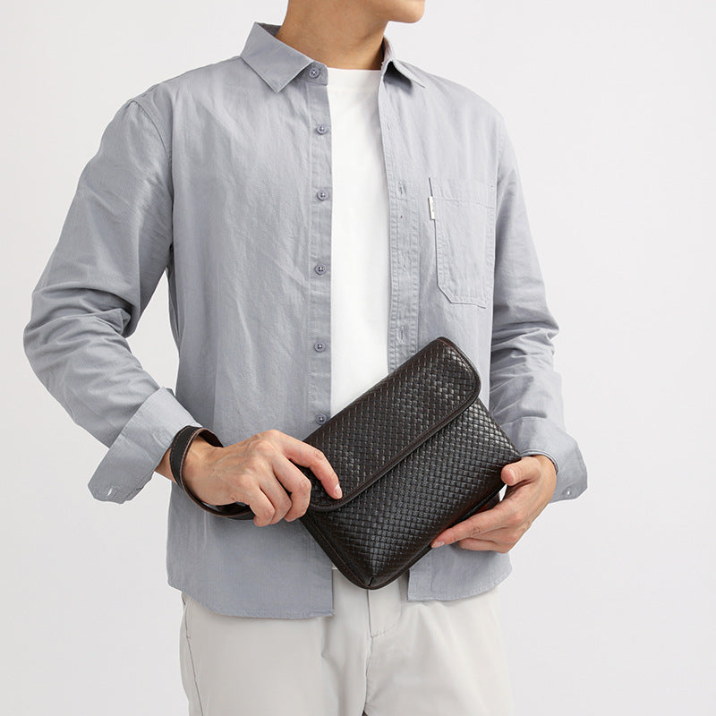 Men's Korean Weaving Cowhide Leather Solid Color Men's Shoulder Bag
