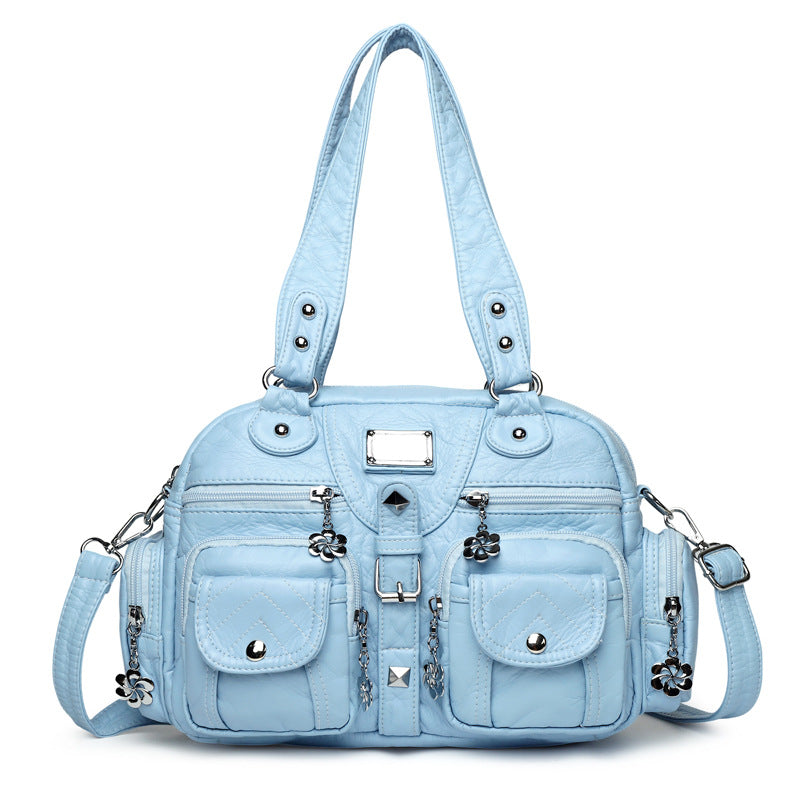 Elegant Sier Flower Real Washed Leather Smiling Women's Handbag