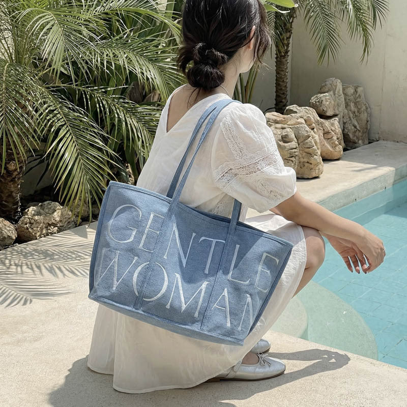 Women's Thai Letter Denim Embroidered Commuter Portable Women's Shoulder Bag