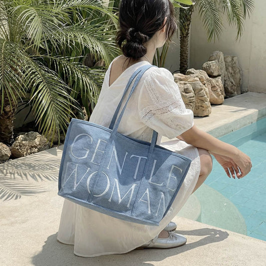 Women's Thai Letter Denim Embroidered Commuter Portable Women's Shoulder Bag
