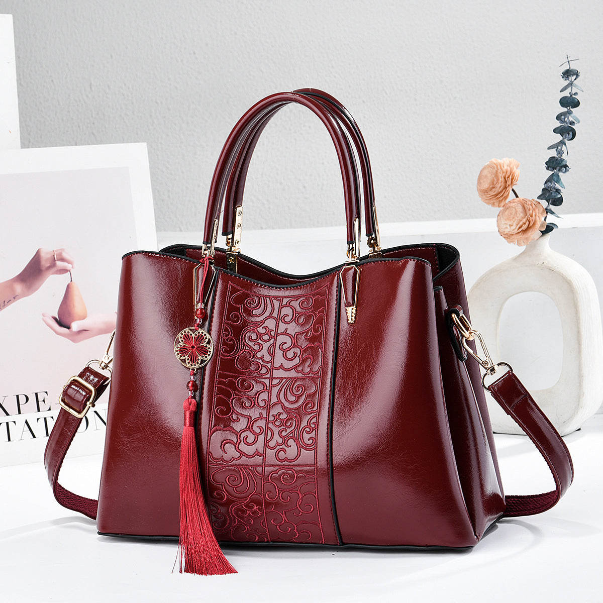 Women's National Style Retro Mom Embroidery Tassel Large Women's Handbag