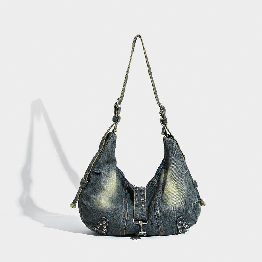 Large Capacity Totes Washed Jean Rivet American Trendy Tote Bag