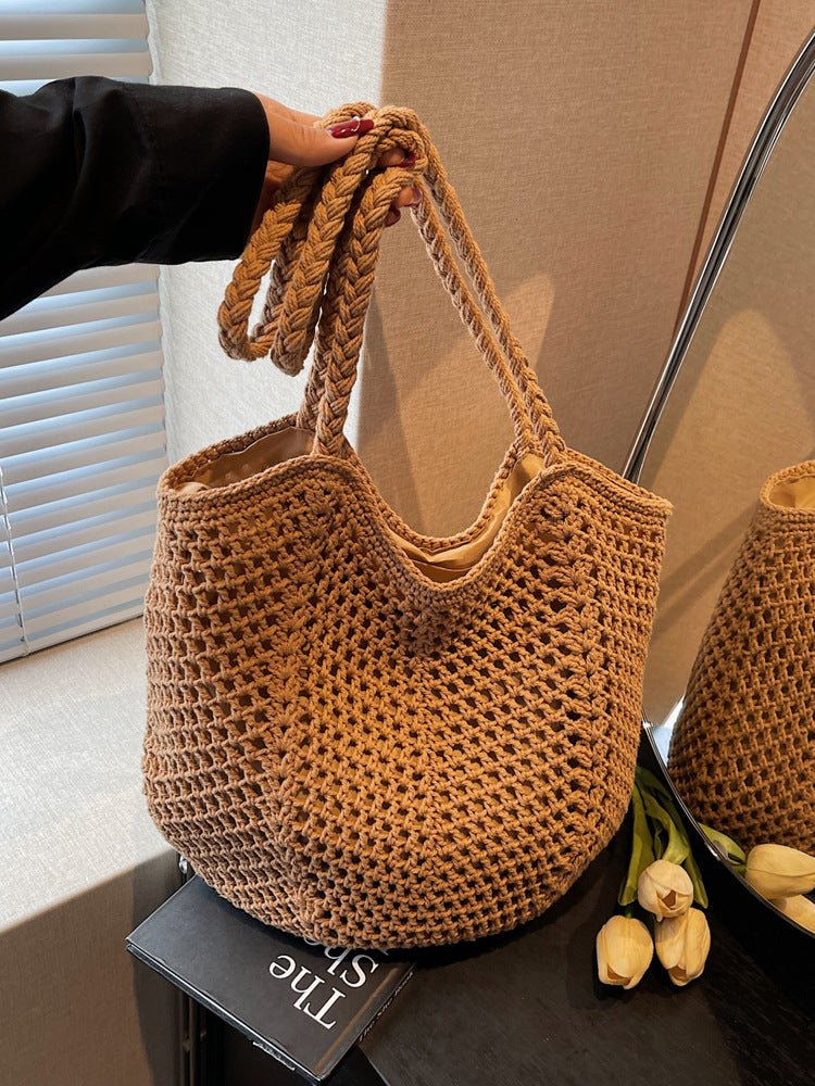 Women's Large Capacity Cotton Thread Woven Hollow Straw Idle Style Women's Shoulder Bag
